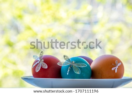 Easter eggs on a saucer, Easter holiday.