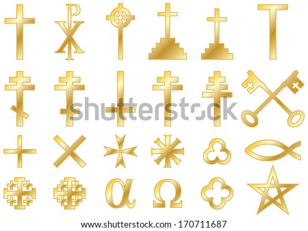 Christian religious symbols cast in gold: A collection of vector icons and symbols associated with the Christian faith isolated on white background
