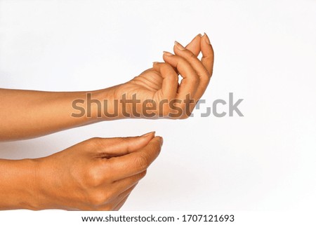 Woman hands gesture asking money. photo isolate on white side view copy space 