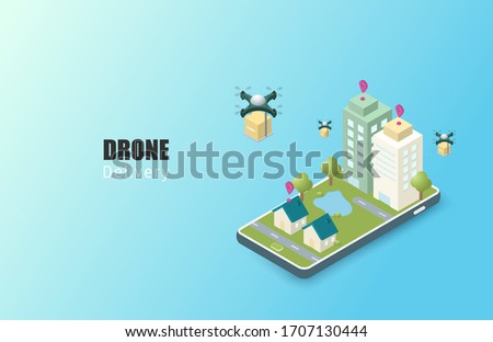 Online delivery service concept. isometric. Mobile order tracking. Delivery drones to destination. Online city logistics. Delivery on smartphone. Vector illustration