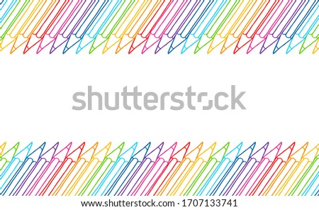 Contour multicolor pencils border isolated over white. Art stationery hand drawn doodle illustration blank frame. 