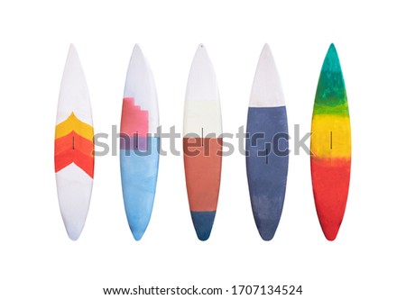 Set of colorful wooden vintage Surfboard isolated on white background with clipping path