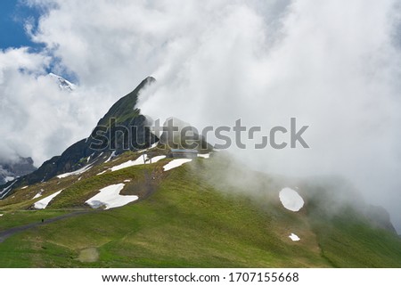 Clouds covering snowy mountains. Swiss Alps landscape with meadow and green nature. Taken in Männlichen, Grindelwald mountains, Bernese Alps, Switzerland.