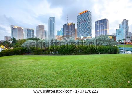 Bayfront Park and downtown city skyline at dusk, Miami, Florida, United States