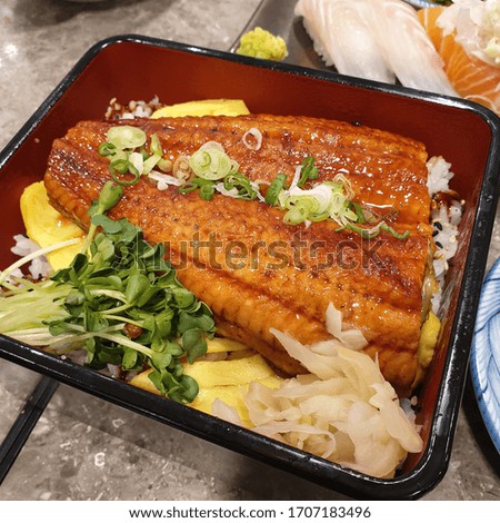 a picture of rice topped with eel