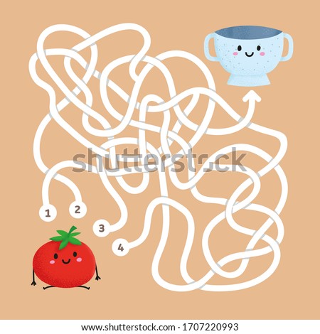 Find the right path logic quest for kids. Help cute tomato find the right path to bowl. Happy labyrinth. Colour maze game vector illustration. Kids worksheets. Online game. Find exit from the maze. Royalty-Free Stock Photo #1707220993