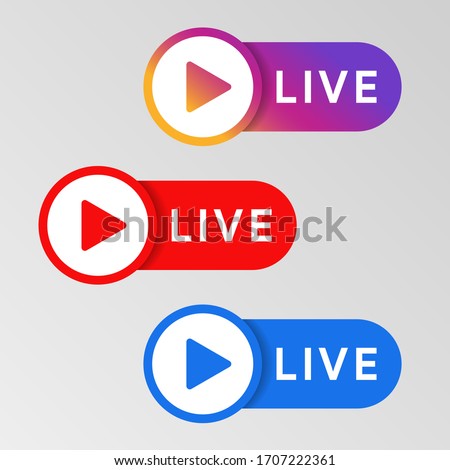 Social media live badge. Instagram, youtube, facebook style sticker. Streaming and broadcasting icon. Red. blue and purple color sign set. Vlog airing sticker. Vector illustration. Royalty-Free Stock Photo #1707222361