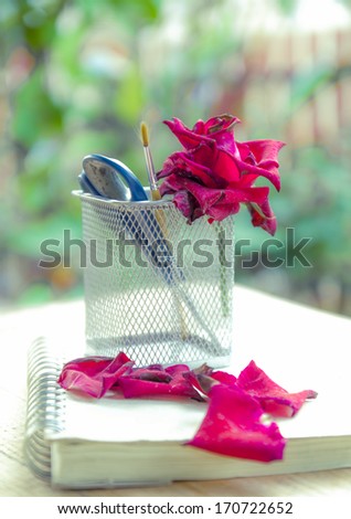 Concept vintage roses and tools in living time with garden