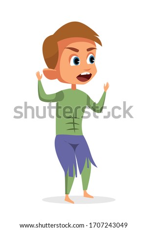 Child fantasy cosplay illustration. Playful little boy in green monster costume character. Kid posing as fictional personage, superhero, scary zombie. Traditional halloween cosplay. Raster copy