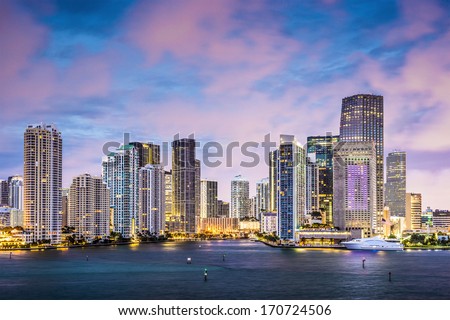 Miami, Florida skyline at Brickell Key and Miami River.