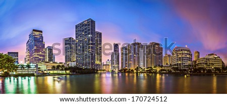Skyline of Miami, Florida, USA at Brickell Key and Miami River.