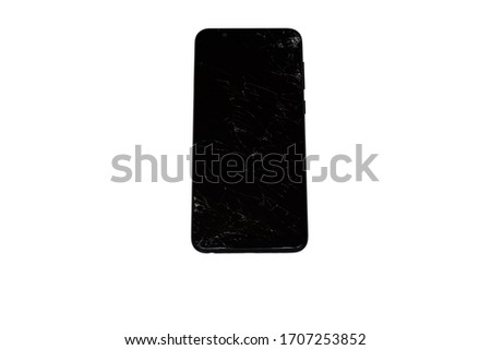black broken phone, smartphone isolated on white background