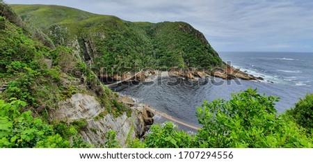 Tsitsikamma National Park, hanging bridges beside water front, green plants and grear view, mystic place