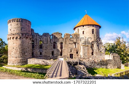 Medieval fortress towers ruins view Royalty-Free Stock Photo #1707322201