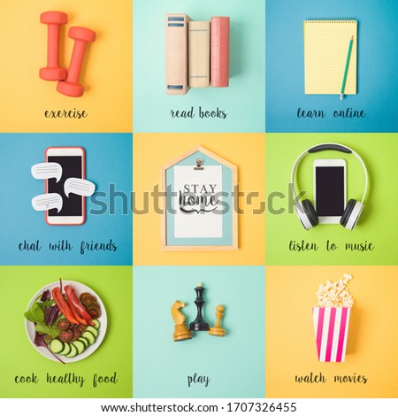 Stay at home concept for social media awareness and coronavirus prevention. Doing different activities at home concept. Royalty-Free Stock Photo #1707326455