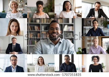 Laptop screen webcam view different ethnicity and age people engaged in group videocall. Video conference lead by african businessman leader. Modern technology, easy convenient on-line meeting concept Royalty-Free Stock Photo #1707351835