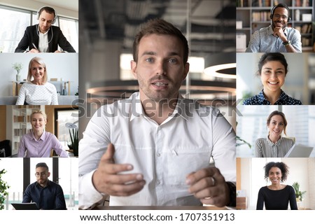 Laptop screen view friends or company staff members using webcam internet connection communicating distantly by video conferencing. Modern technology, group videocall new cool application ad concept Royalty-Free Stock Photo #1707351913