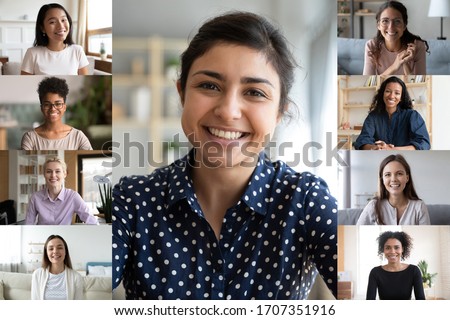 Collage of multiracial women webcam view. Head shot portraits diverse girls involved in distant communication lead by of Indian ethnicity leader. Virtual chat application worldwide easy usage concept Royalty-Free Stock Photo #1707351916