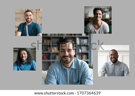 Over gray background collage pictures of five handsome 30s millennial multi-ethnic guys smiling looking at camera. Concept of e-dating single men search girlfriends, vloggers and represents channels Royalty-Free Stock Photo #1707364639