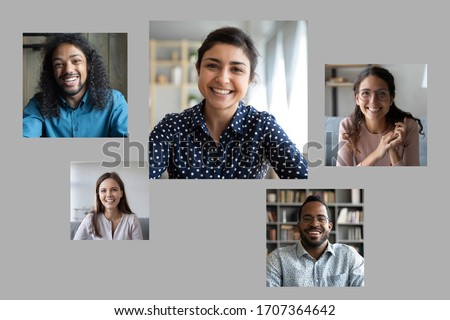 Over gray background photos of diverse young girls and guys, indian african mixed-race and caucasian entrepreneurs involved in group video call. Distant virtual communication application advertisement