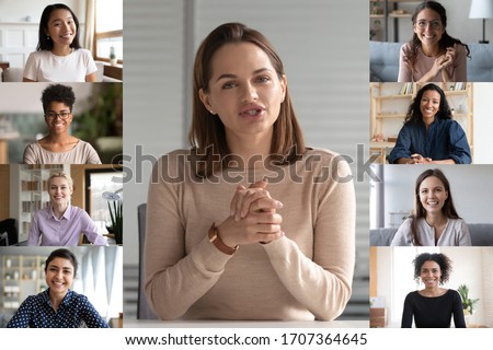 Distant negotiations lead by caucasian bank manager 30s businesswoman. Head shot portraits collage of multi-ethnic beautiful women web cam view. Virtual chat application worldwide easy usage concept Royalty-Free Stock Photo #1707364645