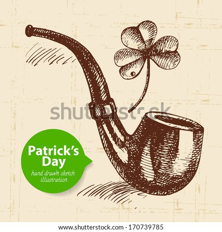 St. Patrick'??s Day background with hand drawn sketch illustration and bubble banner 