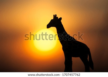 Giraffe figurine silhouette macro on sunset background