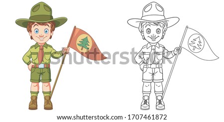 Cute happy boy scout. Coloring page and colorful clipart character. Cartoon design for t shirt print, icon, logo, label, patch or sticker. Vector illustration.