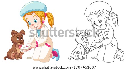 Vet girl, young veterinarian helping a dog. Coloring page and colorful clipart character. Cartoon design for t shirt print, icon, logo, label, patch or sticker. Vector illustration.