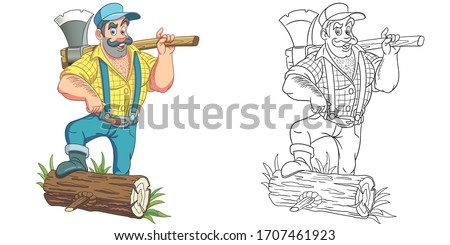 Cute lumberjack holding axe. Coloring page and colorful clipart character. Cartoon design for t shirt print, icon, logo, label, patch or sticker. Vector illustration. Royalty-Free Stock Photo #1707461923