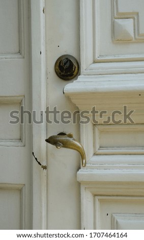 Old metal door handle lock on white wooden door. Door dolphin knob