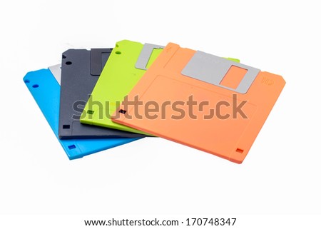 Colored diskettes isolated on white background.