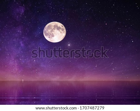 moon on dark starry sky at sea lilac pink landscape 