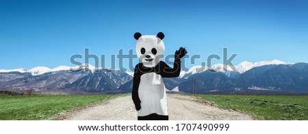 Panoramic banner portrait of man, wearing costume of panda, standing on village road, showing hi gesture against a background of mountains and blue sky.