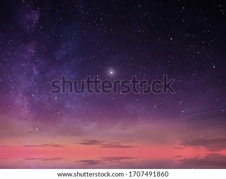 moon on starry night sky pink  lilac blue dark skyline landscape 