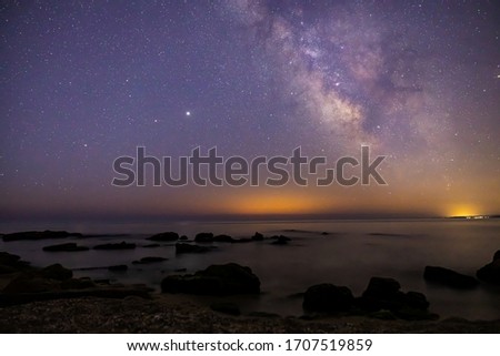 Great Milky Way photography just before the Moon rise captured at the rocky beach near Varna town