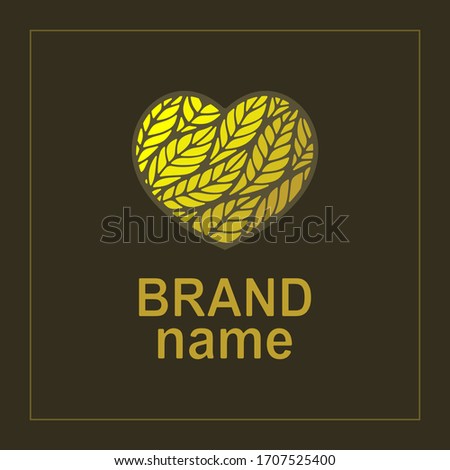 Gold heart logo with a pattern of leaves on a dark background. Beautiful icon, stylish sign, trendy symbol, brand identity for  business, bakery or wheat-growing farm. Vector illustration. 