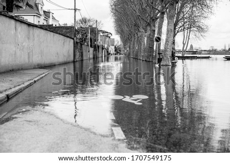 river flood in the street asphalt reflection of trees and sky in the water birds floating on the water calm waves water surface poetic bicycle road signs asphalt