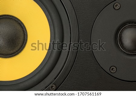 Yellow woofer and black tweeter, black audio enclosure