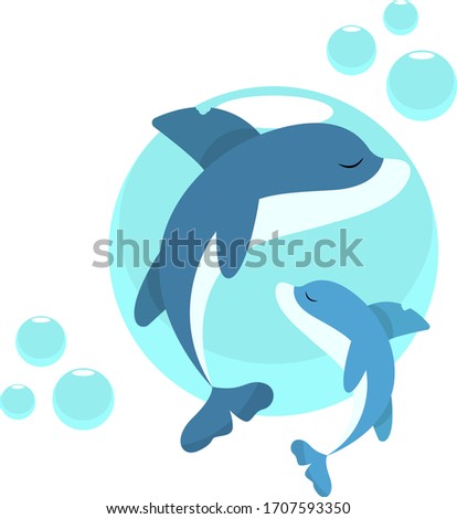 Two dolphins in the water, flat illustration.