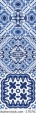 Antique portuguese azulejo ceramic. Kit of vector seamless patterns. Geometric design. Blue floral and abstract decor for scrapbooking, smartphone cases, T-shirts, bags or linens.