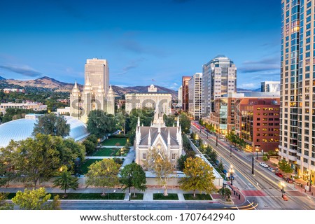 Salt Lake City, Utah, USA downtown cityscape over Temple Square at dusk.