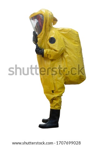 side view of medical officer and hazmat (hazardous material) suits isolated to white background with clipping path