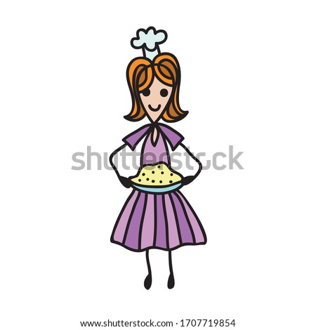 Cute cartoon woman chef with dish. Vector illustration