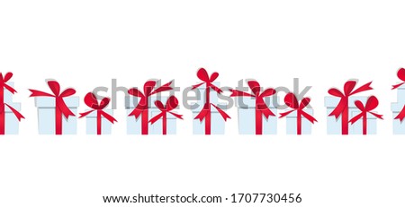Happy birthday presents boxes. Horizontal long banner seamless pattern with gifts presents in papercut style. Red gifts with red bows and ribbons. Website banner or header background. Bday celebration