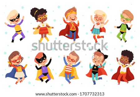 Set with cute kids superheroes. Joyful guys in superhero costumes jump and laugh Royalty-Free Stock Photo #1707732313