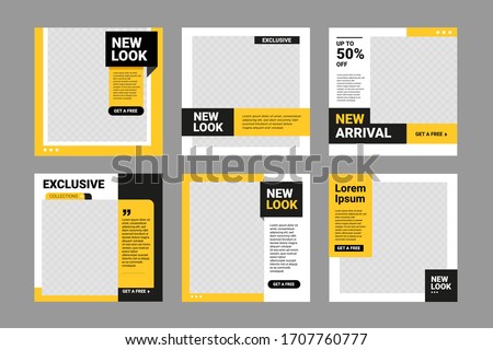 Set of Editable square banner template. Black and yellow background color with stripe line shape. Suitable for social media post, quotes and web internet ads. Vector illustration with photo college