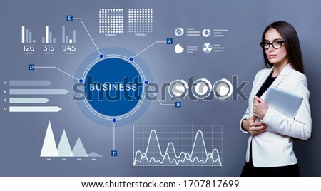 Business Information Concept. Business woman standing with tablet. Dashboard infographic template with big data visualization