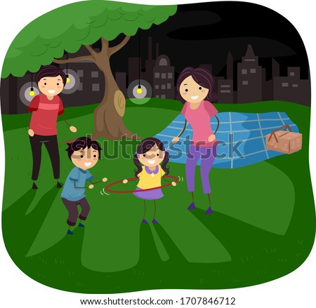 Illustration of Stickman Family Outdoors in the Park Having Night Picnic