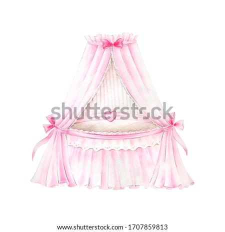 
Pink cradle for baby girl.Watercolor hand drawn illustrations isolated on white background.